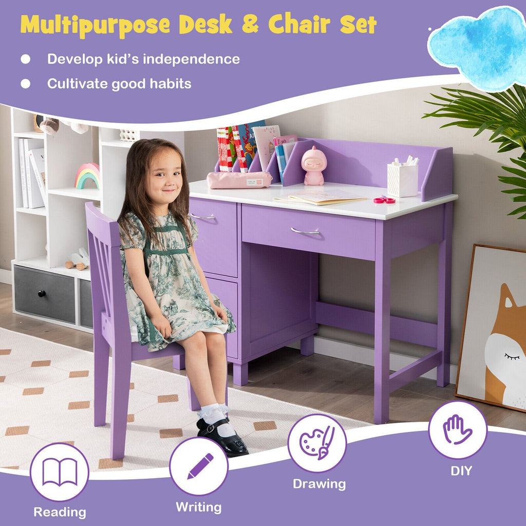 Juego de muebles infantiles de madera para escribir, con cajón y armario de almacenamiento, morado