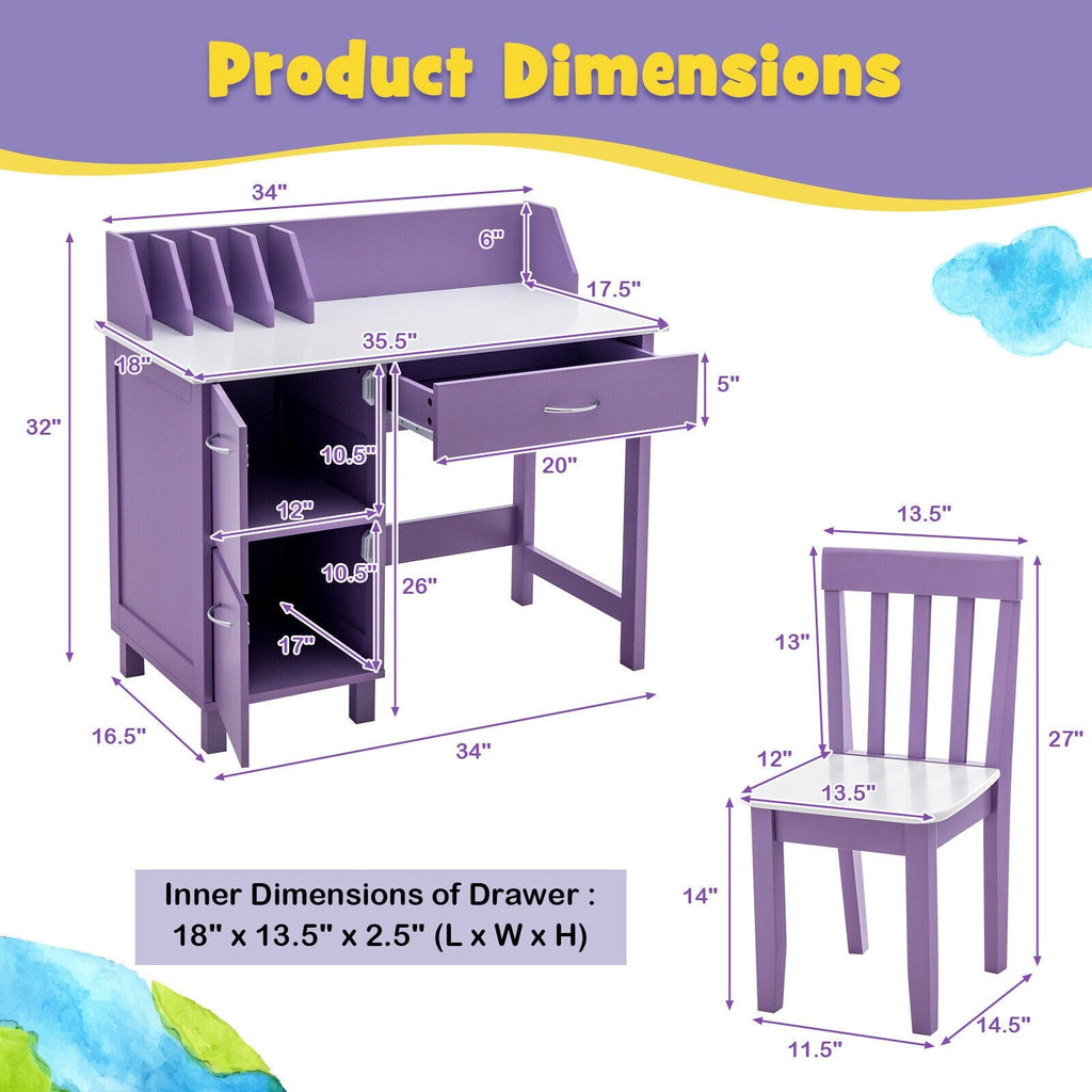 Juego de muebles infantiles de madera para escribir, con cajón y armario de almacenamiento, morado
