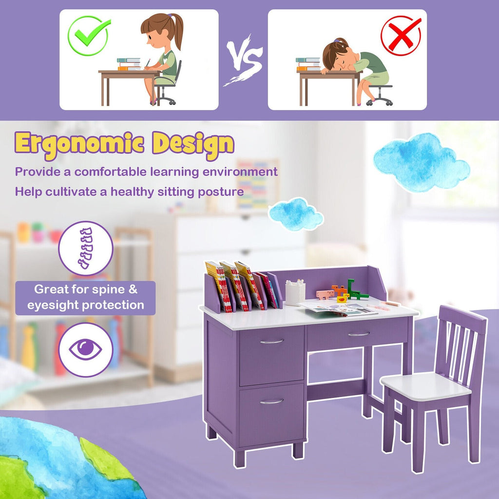 Juego de muebles infantiles de madera para escribir, con cajón y armario de almacenamiento, morado