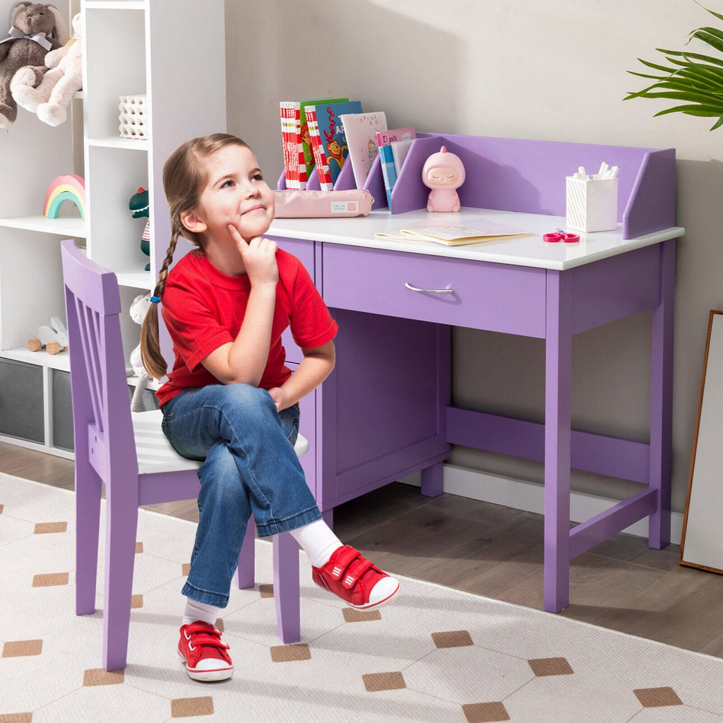 Juego de muebles infantiles de madera para escribir, con cajón y armario de almacenamiento, morado