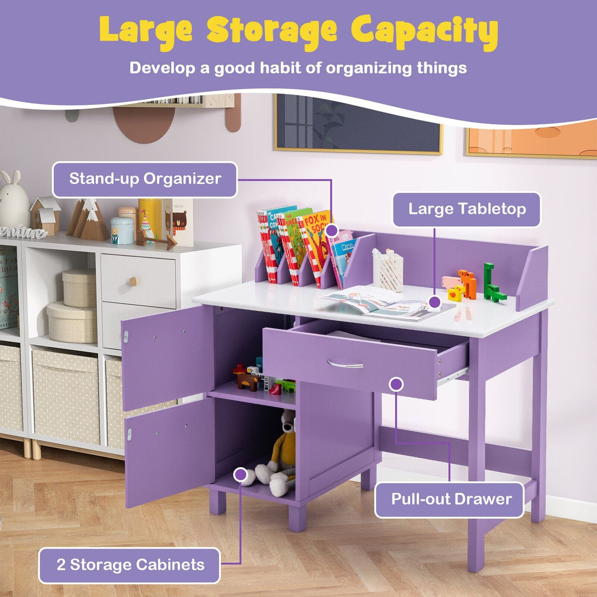 Juego de muebles infantiles de madera para escribir, con cajón y armario de almacenamiento, morado