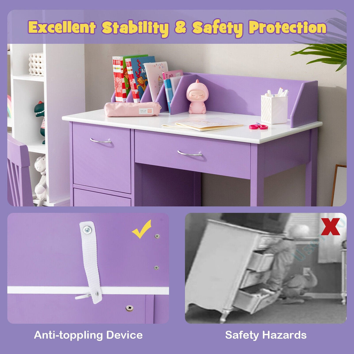Juego de muebles infantiles de madera para escribir, con cajón y armario de almacenamiento, morado