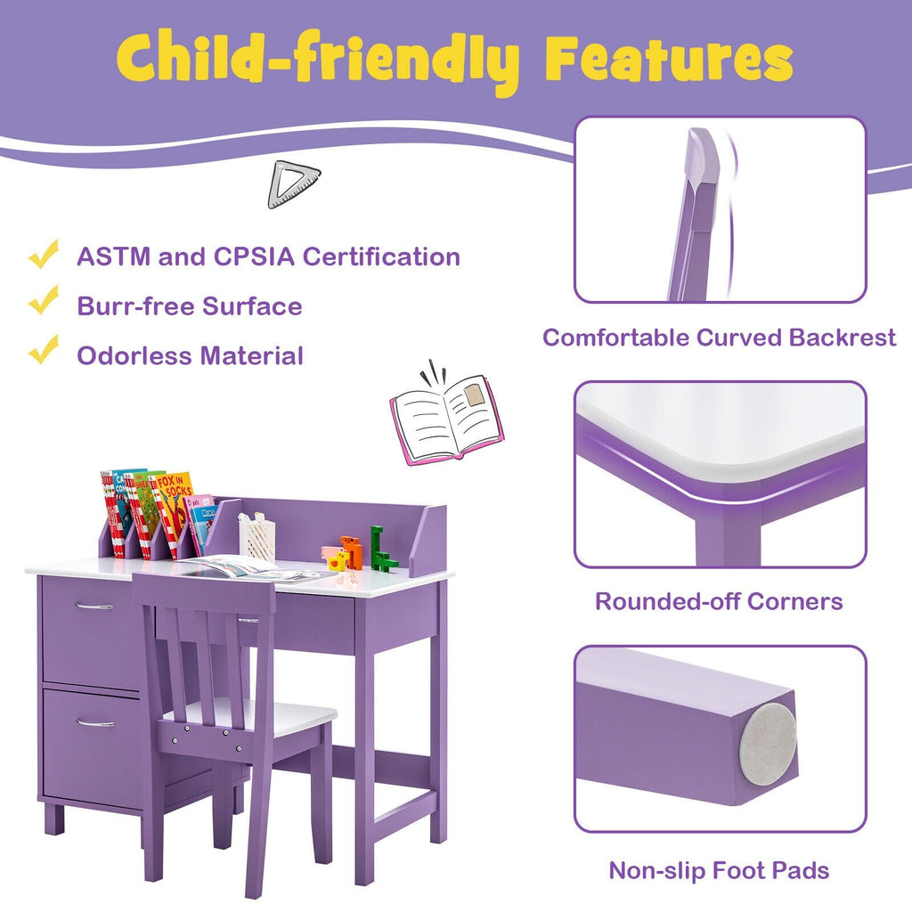 Juego de muebles infantiles de madera para escribir, con cajón y armario de almacenamiento, morado