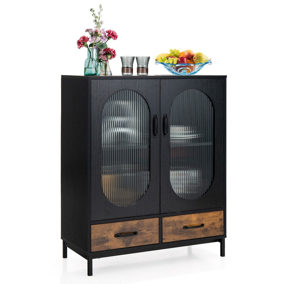 Aparador Industrial de Cocina con Puertas de Vidrio Templado - Negro