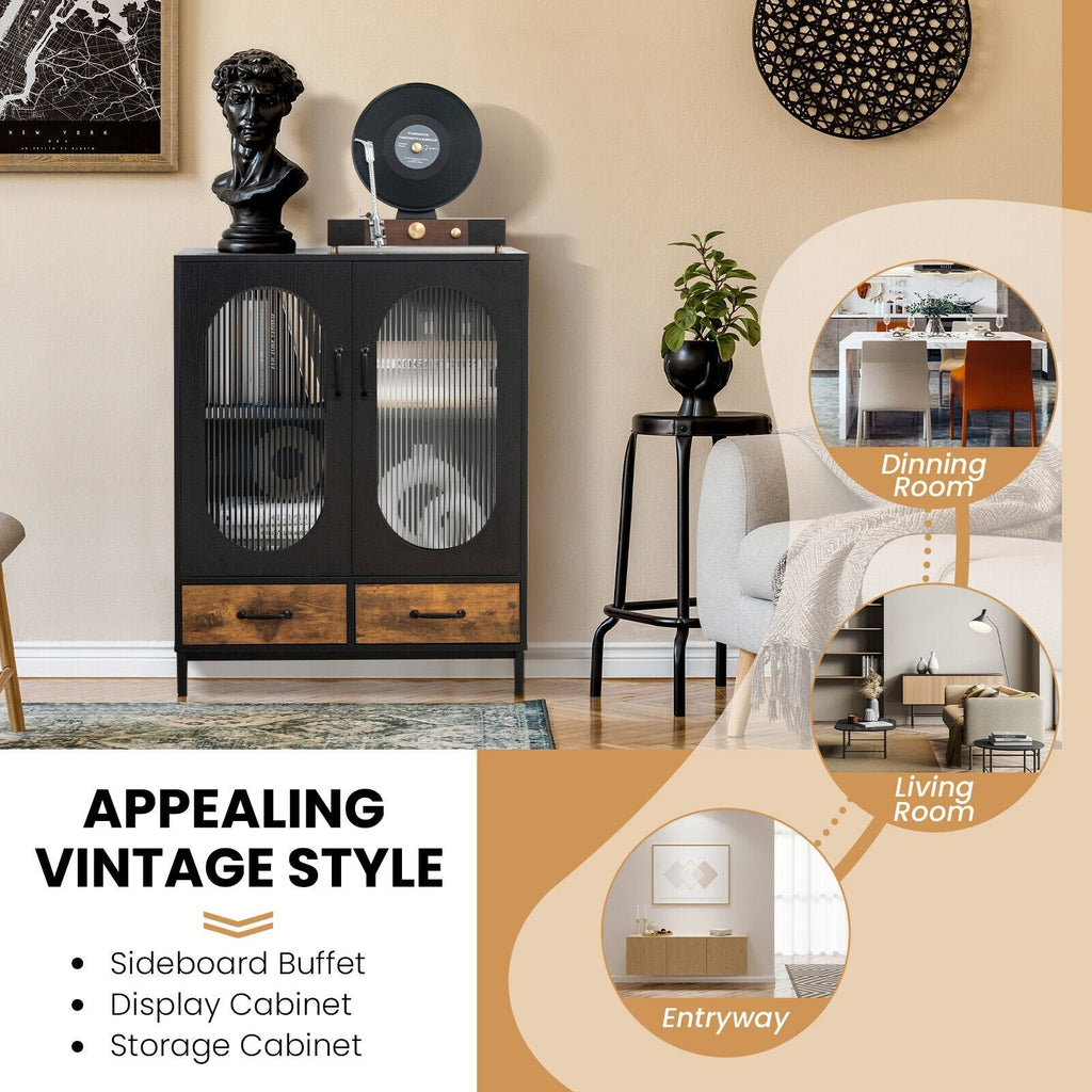 Aparador Industrial de Cocina con Puertas de Vidrio Templado - Negro