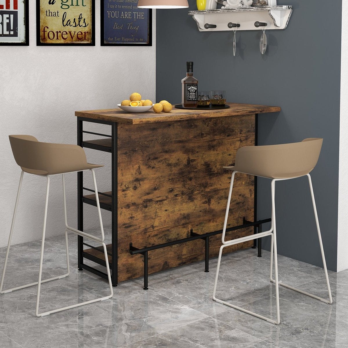 Ilot de cuisine avec étagère de rangement à 4 niveaux et repose-pieds long pour la maison – Marron rustique