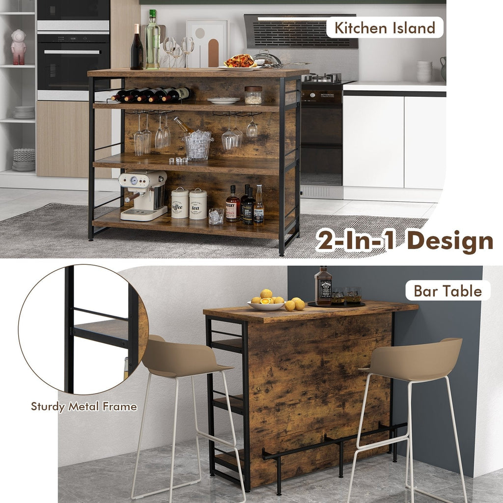 Ilot de cuisine avec étagère de rangement à 4 niveaux et repose-pieds long pour la maison – Marron rustique