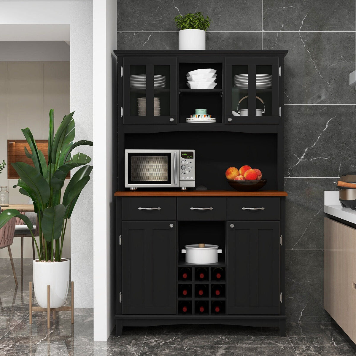 Meuble de Rangement de Cuisine avec Casier à Vin et Tiroirs - Noir