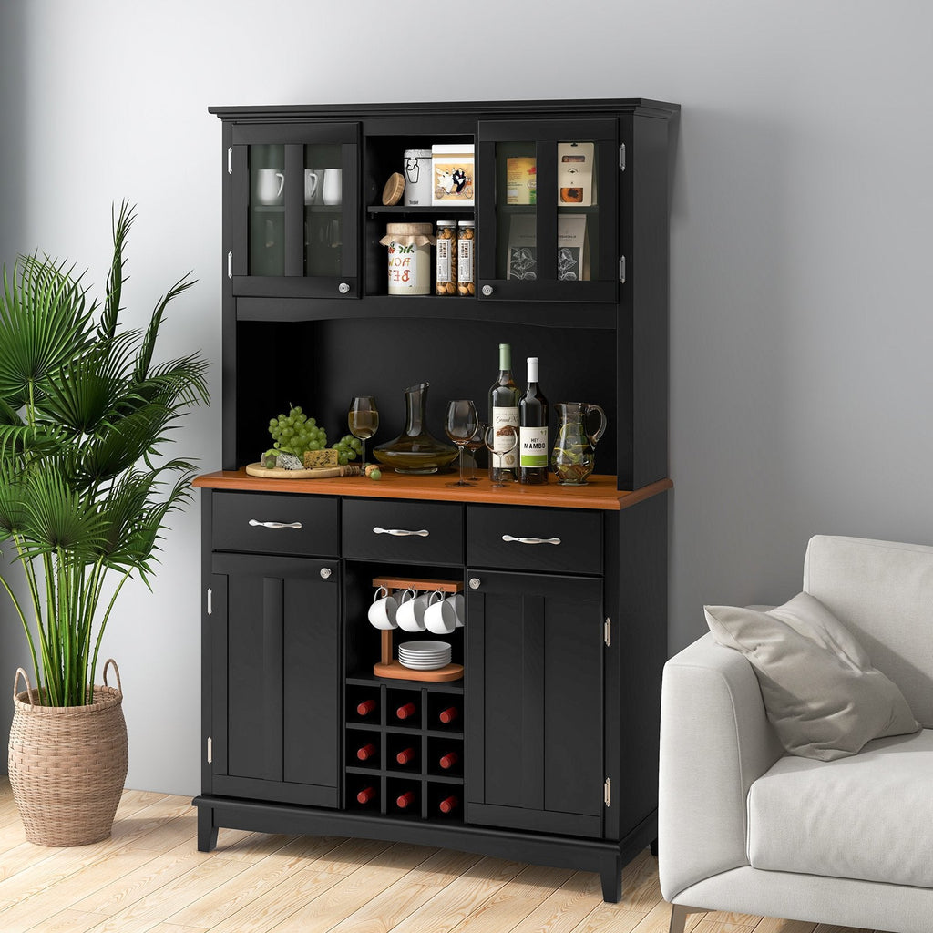 Meuble de Rangement de Cuisine avec Casier à Vin et Tiroirs - Noir