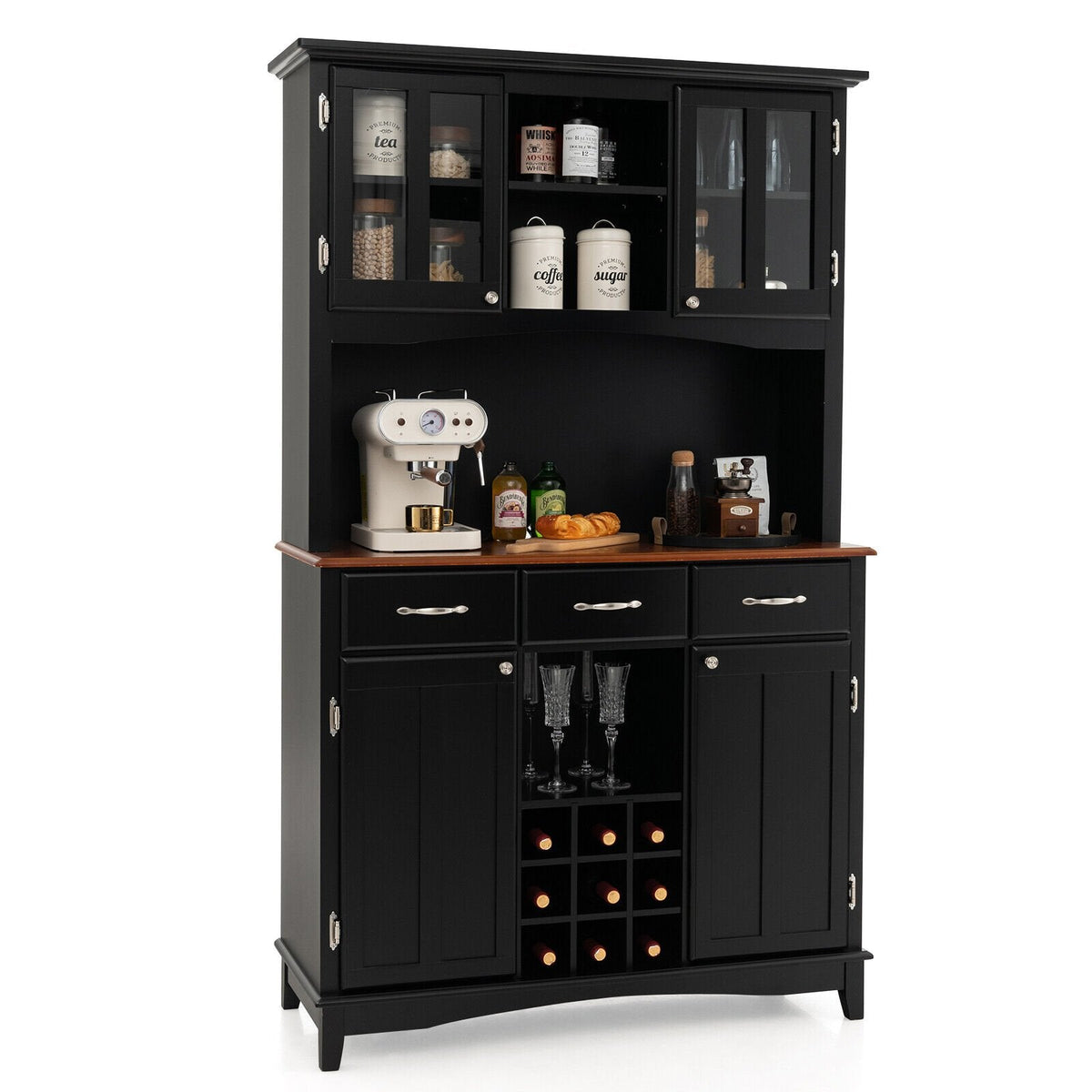 Meuble de Rangement de Cuisine avec Casier à Vin et Tiroirs - Noir