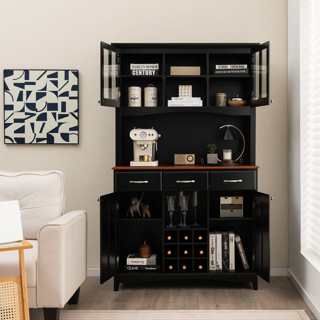 Meuble de Rangement de Cuisine avec Casier à Vin et Tiroirs - Noir