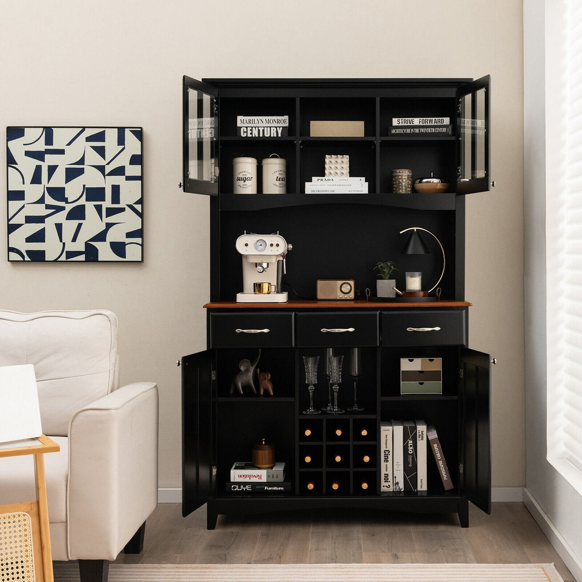 Meuble de Rangement de Cuisine avec Casier à Vin et Tiroirs - Noir
