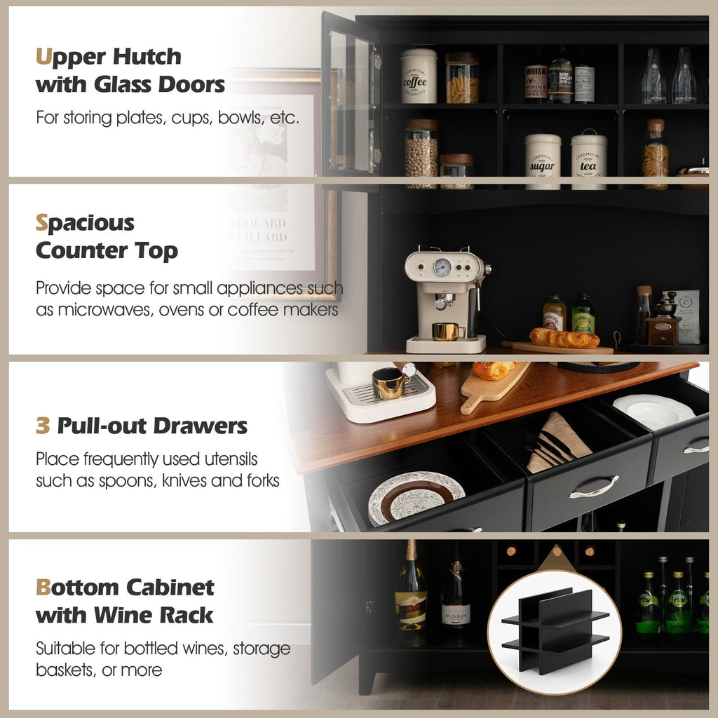 Meuble de Rangement de Cuisine avec Casier à Vin et Tiroirs - Noir