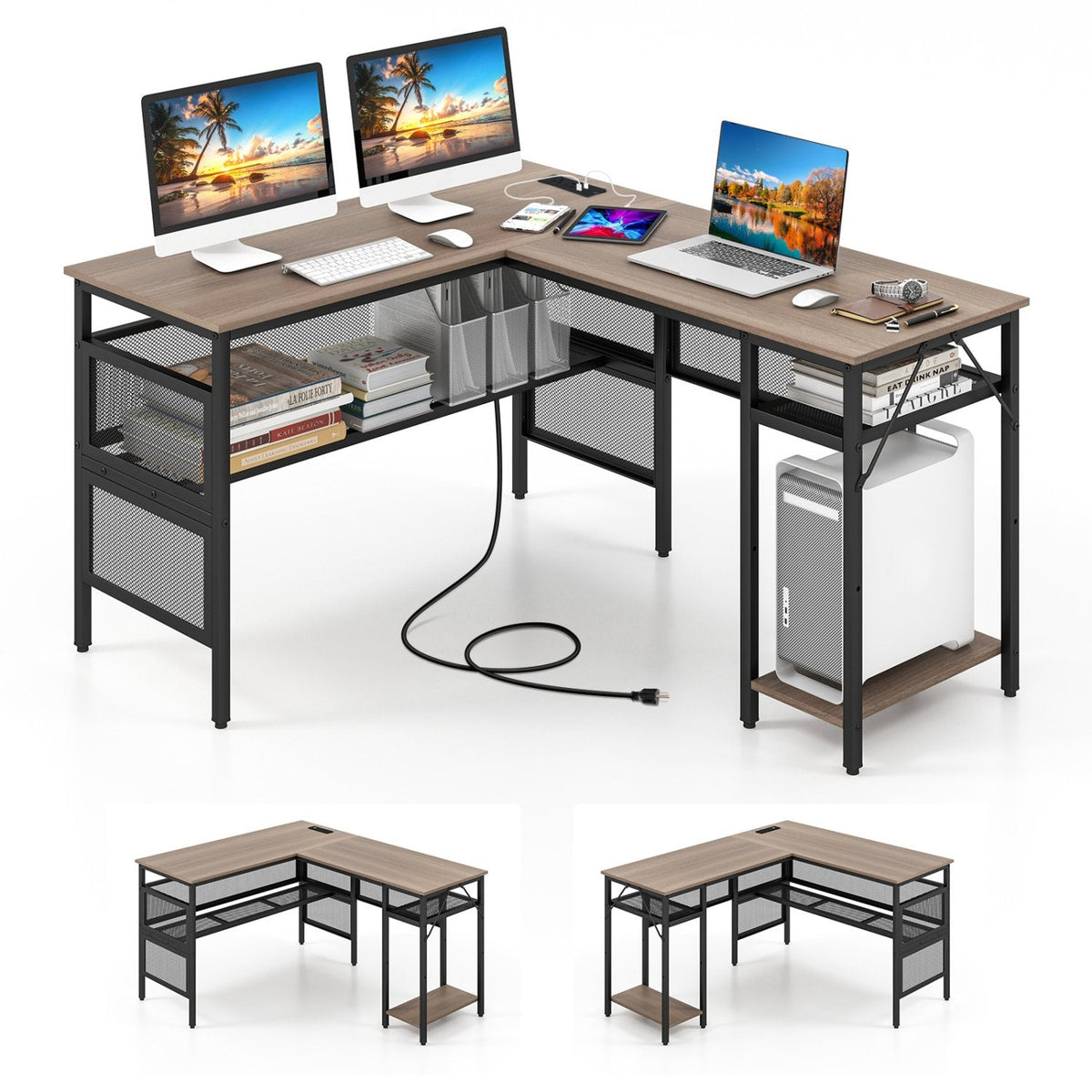 L-förmiger Computerschreibtisch mit Ladestation und verstellbarem Regal – Grau