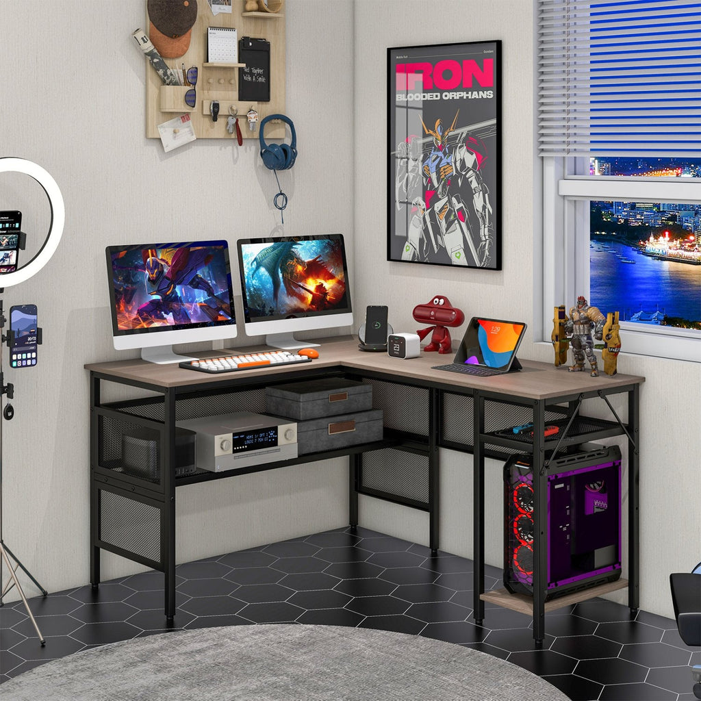 L-förmiger Computerschreibtisch mit Ladestation und verstellbarem Regal – Grau