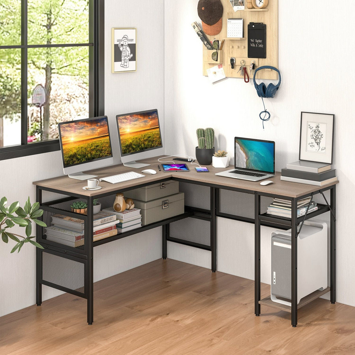 L-förmiger Computerschreibtisch mit Ladestation und verstellbarem Regal – Grau