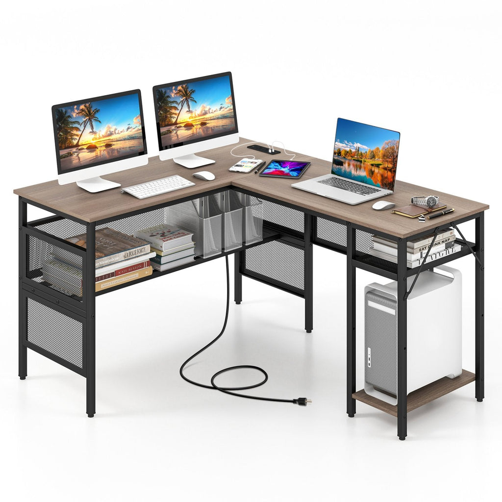 L-förmiger Computerschreibtisch mit Ladestation und verstellbarem Regal – Grau