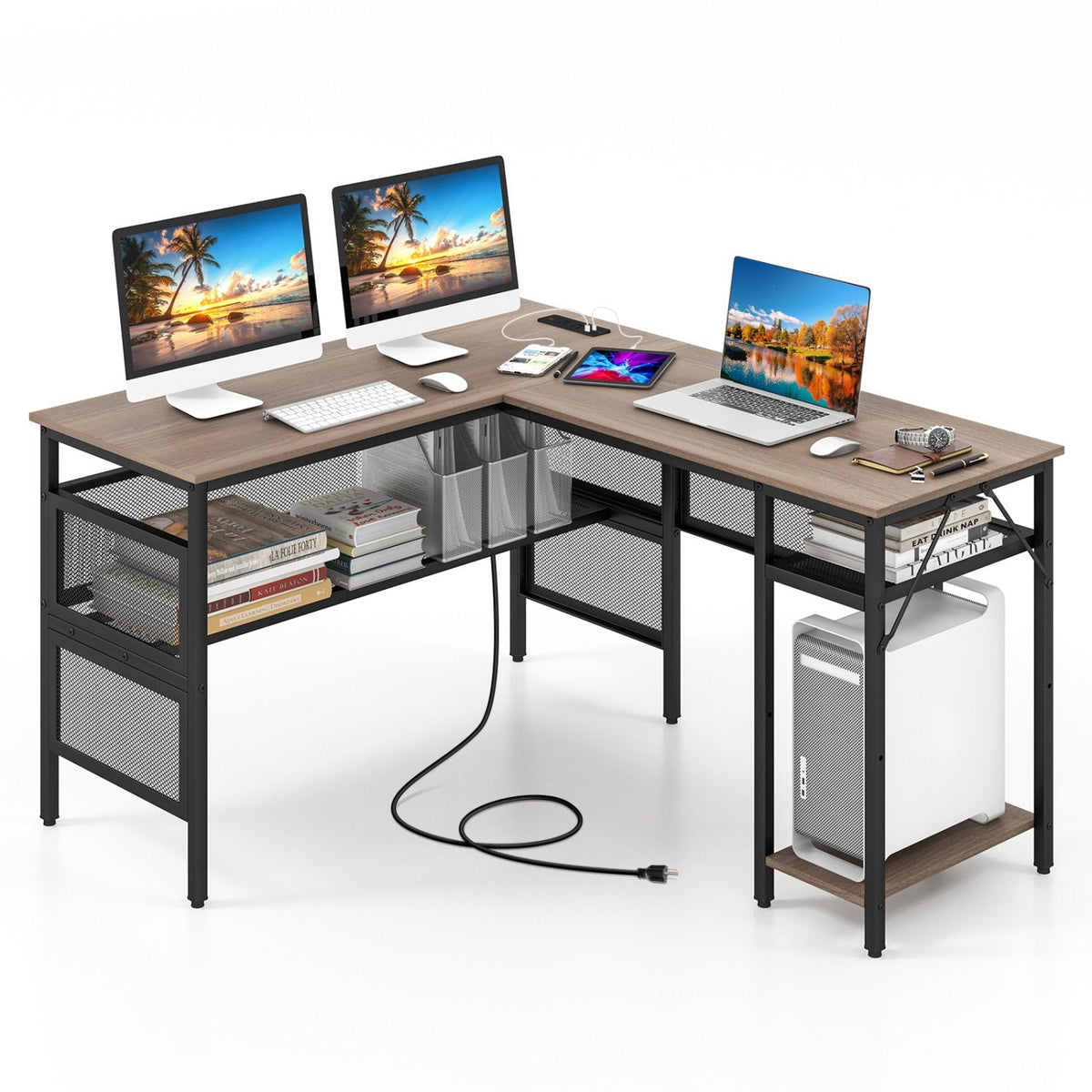L-förmiger Computerschreibtisch mit Ladestation und verstellbarem Regal – Grau