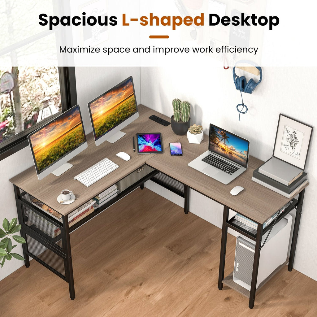 L-förmiger Computerschreibtisch mit Ladestation und verstellbarem Regal – Grau