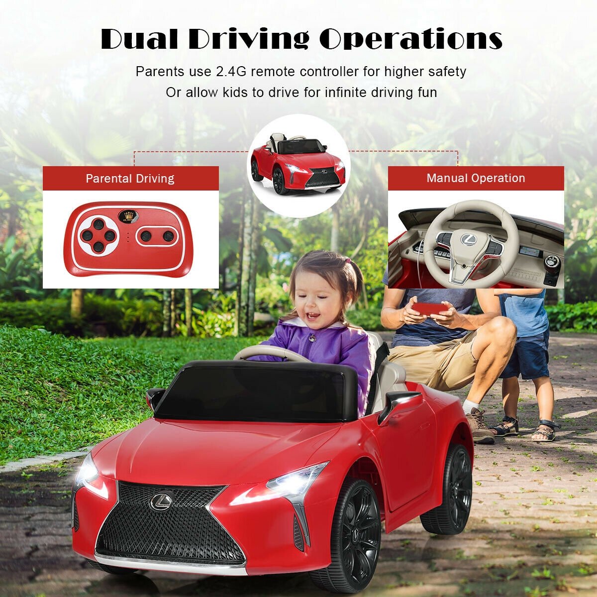 Voiture électrique pour enfant 12V sous licence Lexus LC500 avec portes à vérins à gaz et suspension arrière à ressorts, Rouge