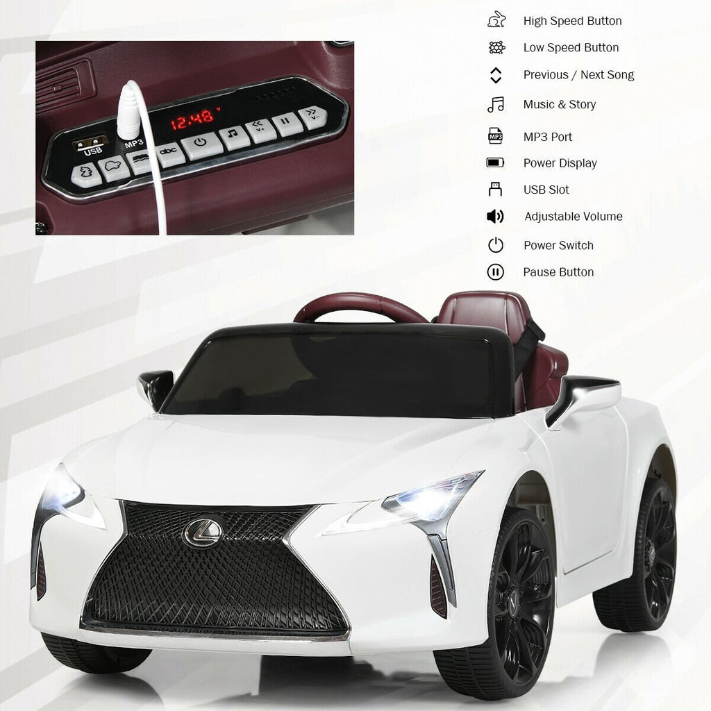 Coche eléctrico para niños Lexus LC500 con licencia de 12V, arranque suave y control remoto parental 2.4G, blanco