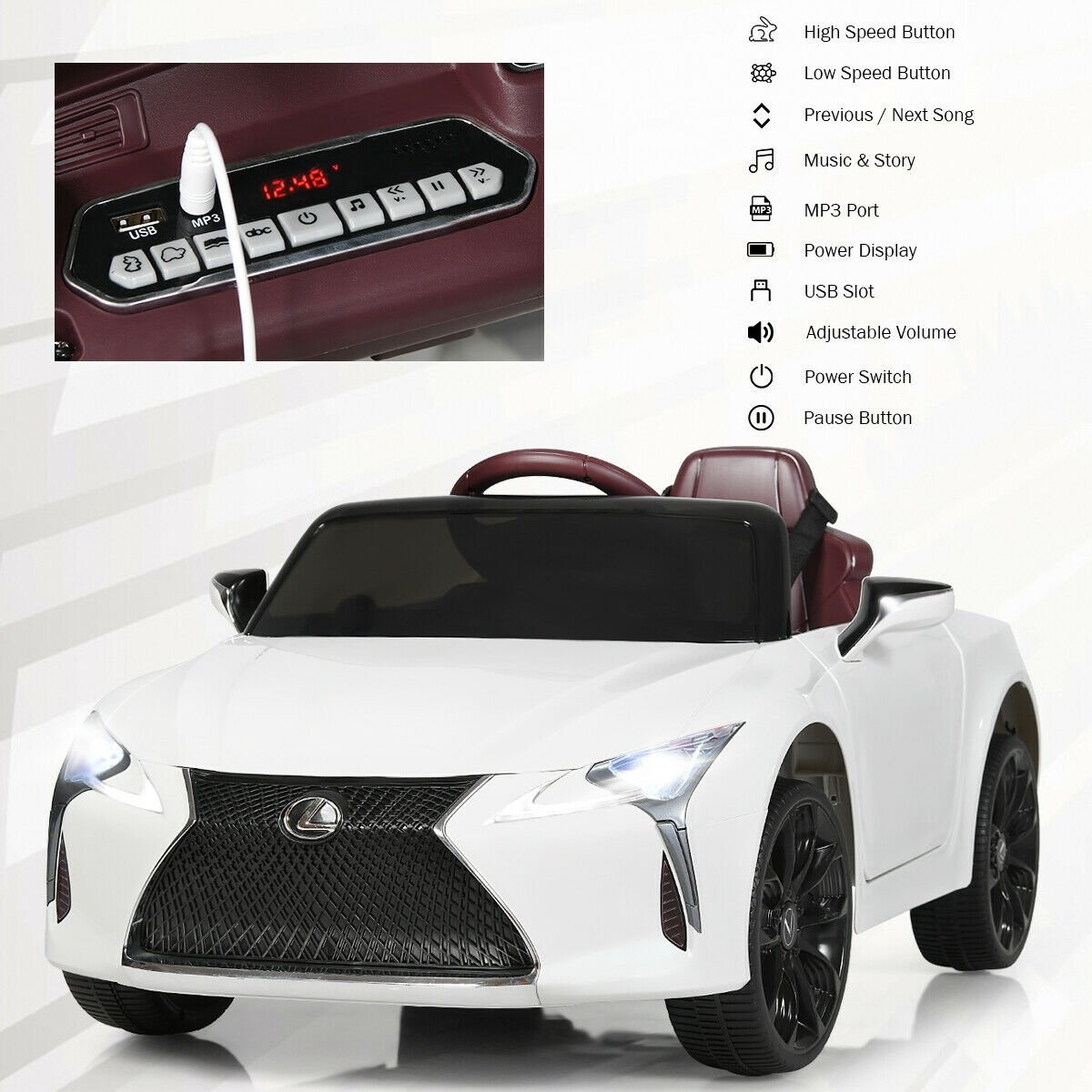Coche eléctrico para niños Lexus LC500 con licencia de 12V, arranque suave y control remoto parental 2.4G, blanco