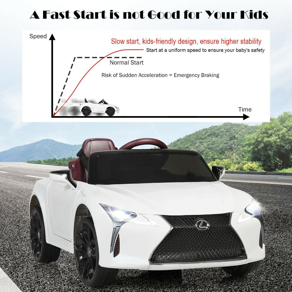 Coche eléctrico para niños Lexus LC500 con licencia de 12V, arranque suave y control remoto parental 2.4G, blanco