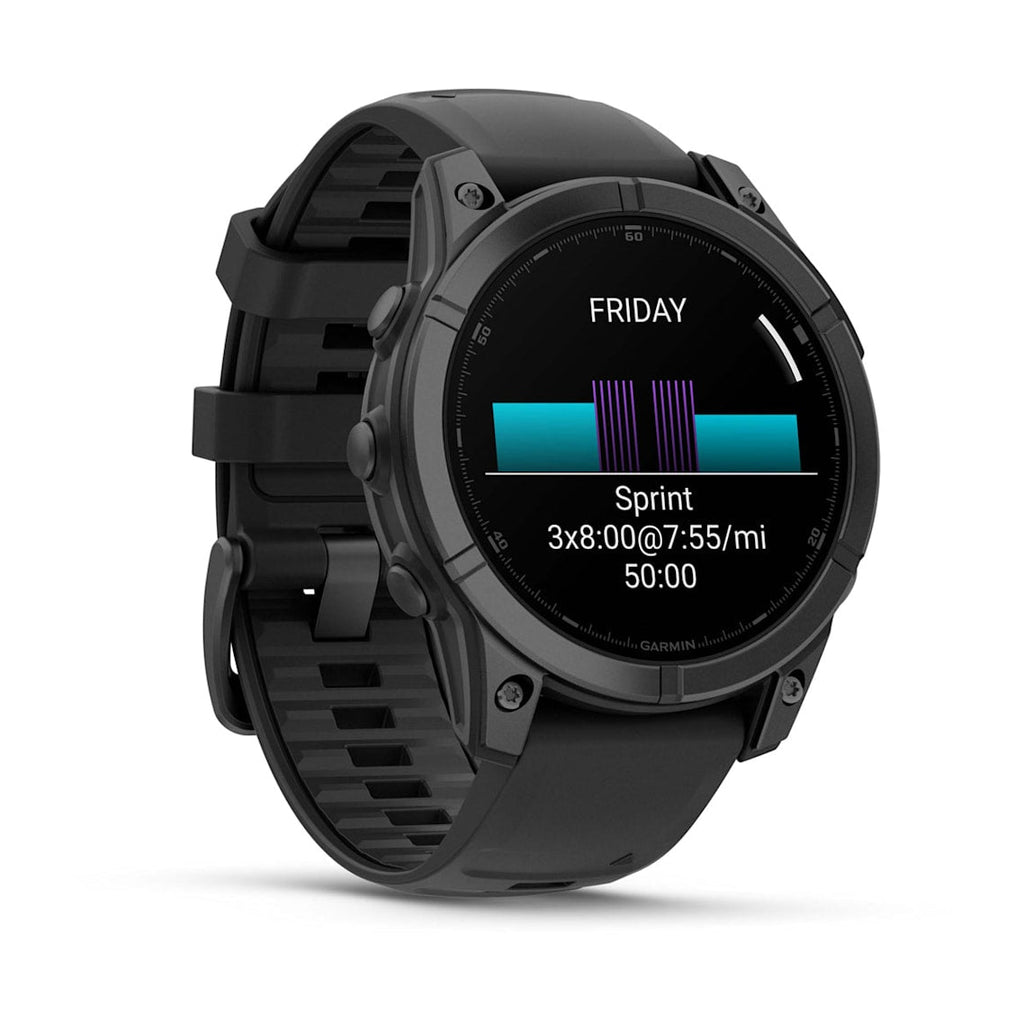 Fēnix® E – 47 mm, AMOLED Gris pizarra acero con correa de silicona negra