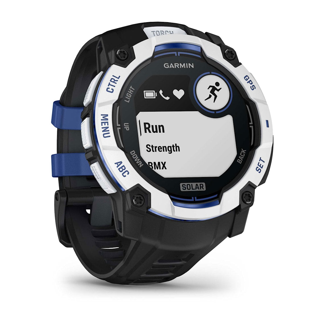 Instinct® 3 – 50 mm, Solar Whitestone con correa en Black/Bolt Blue