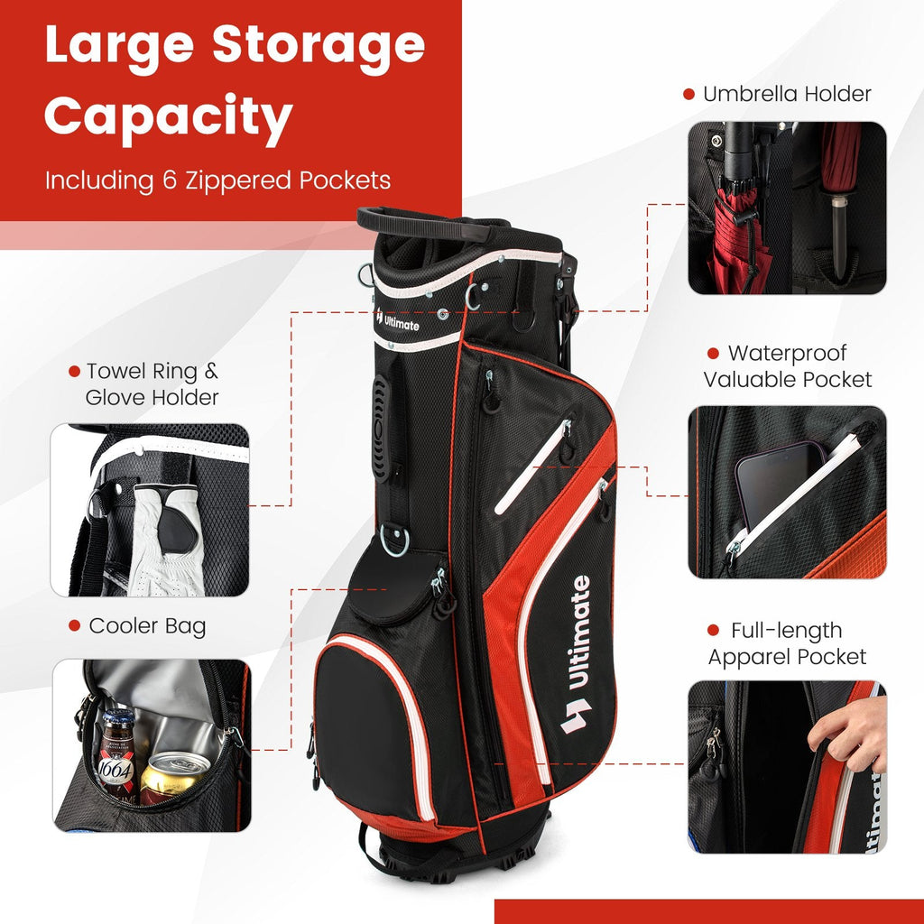 Sac de golf trépied léger avec séparateurs de clubs à 14 compartiments et 6 poches – Rouge