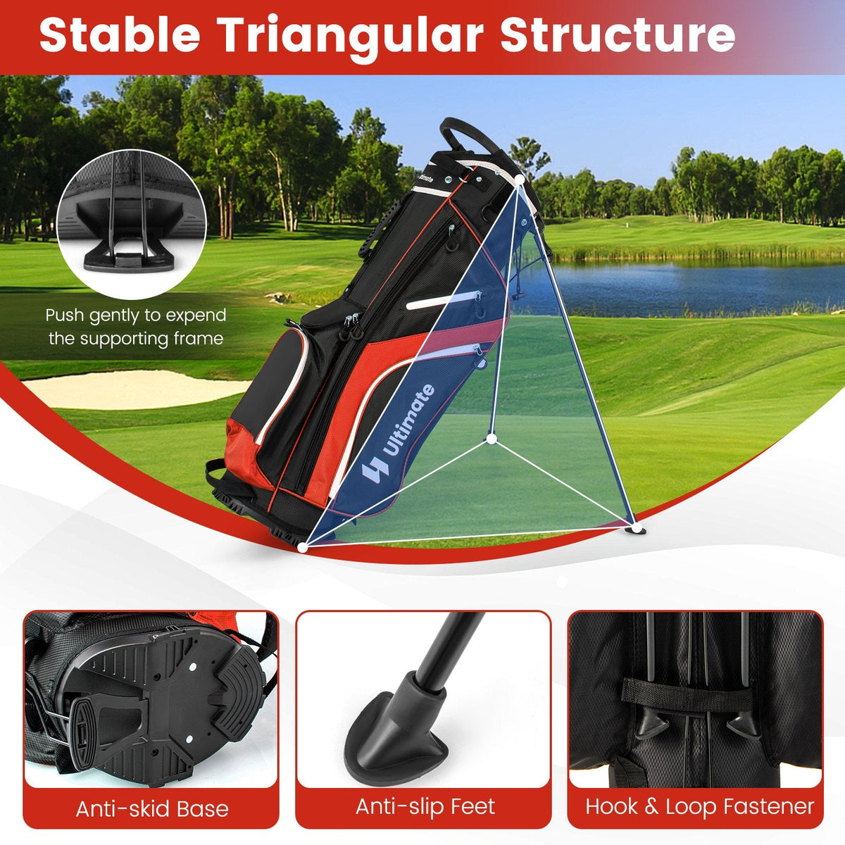 Sac de golf trépied léger avec séparateurs de clubs à 14 compartiments et 6 poches – Rouge