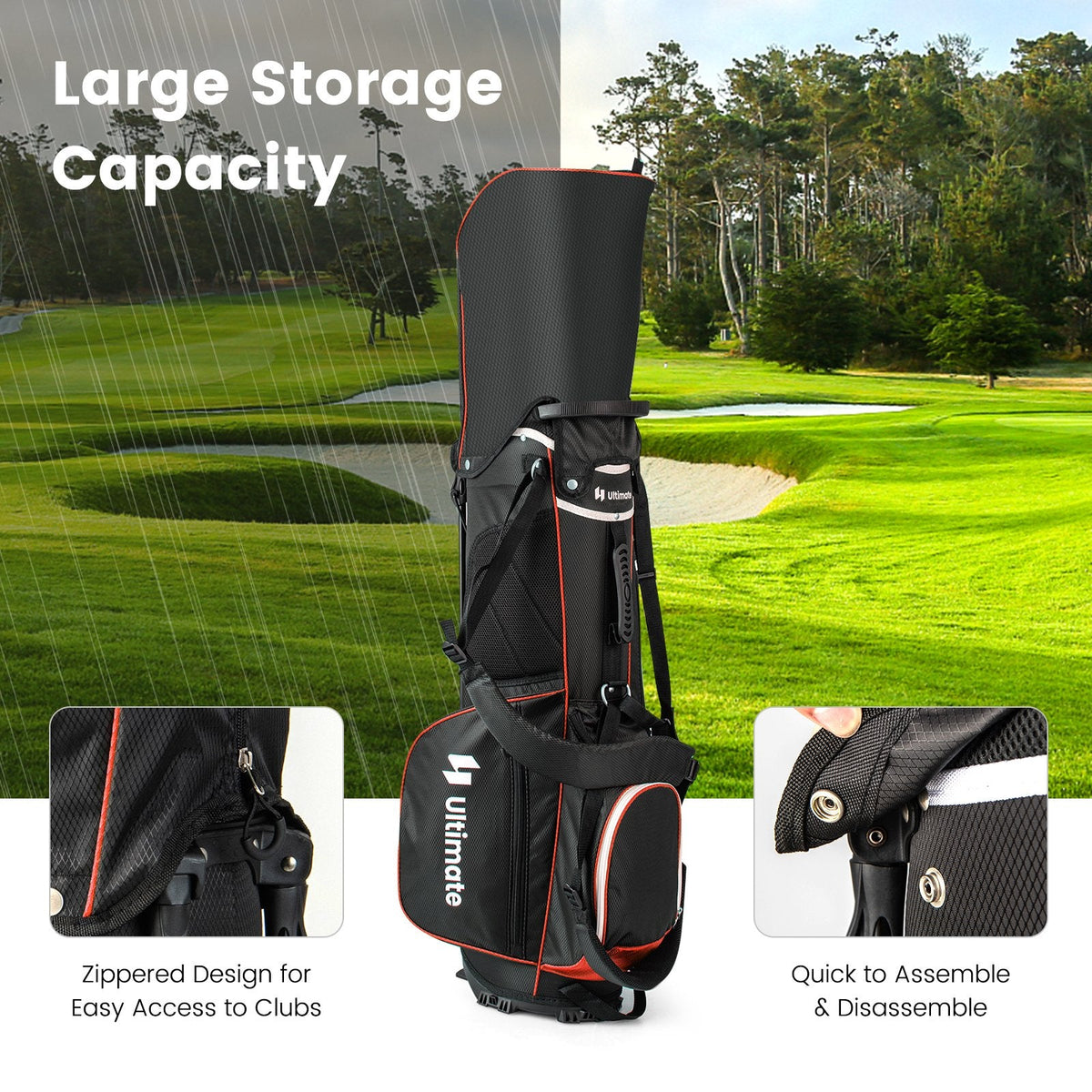 Sac de golf trépied léger avec séparateurs de clubs à 14 compartiments et 6 poches – Rouge