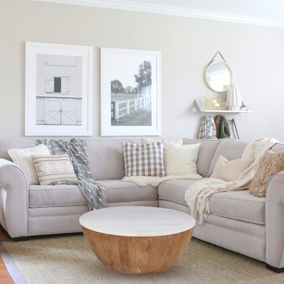 Cecile Mango Wood Drum Coffee Table With Marble Top