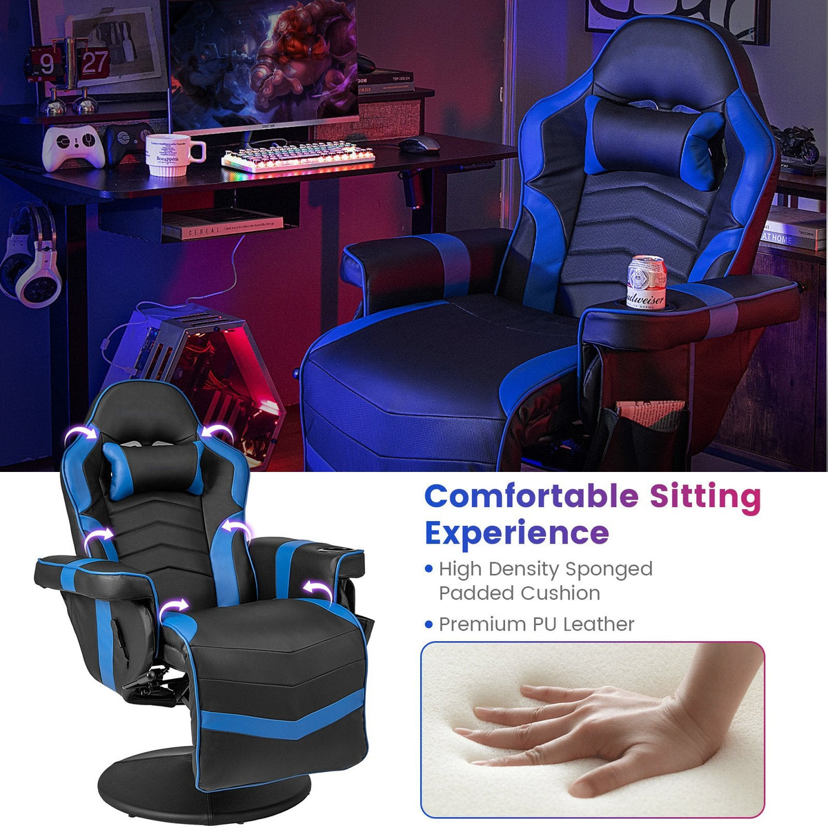 Sillón reclinable con masaje y ajuste de altura para videojuegos-Azul