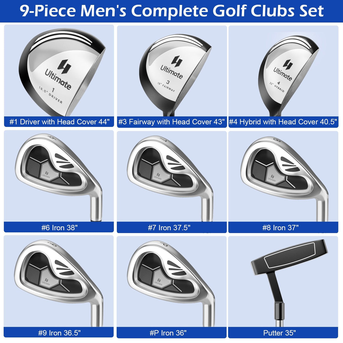 Ensemble complet de 9 clubs de golf pour hommes - Gris