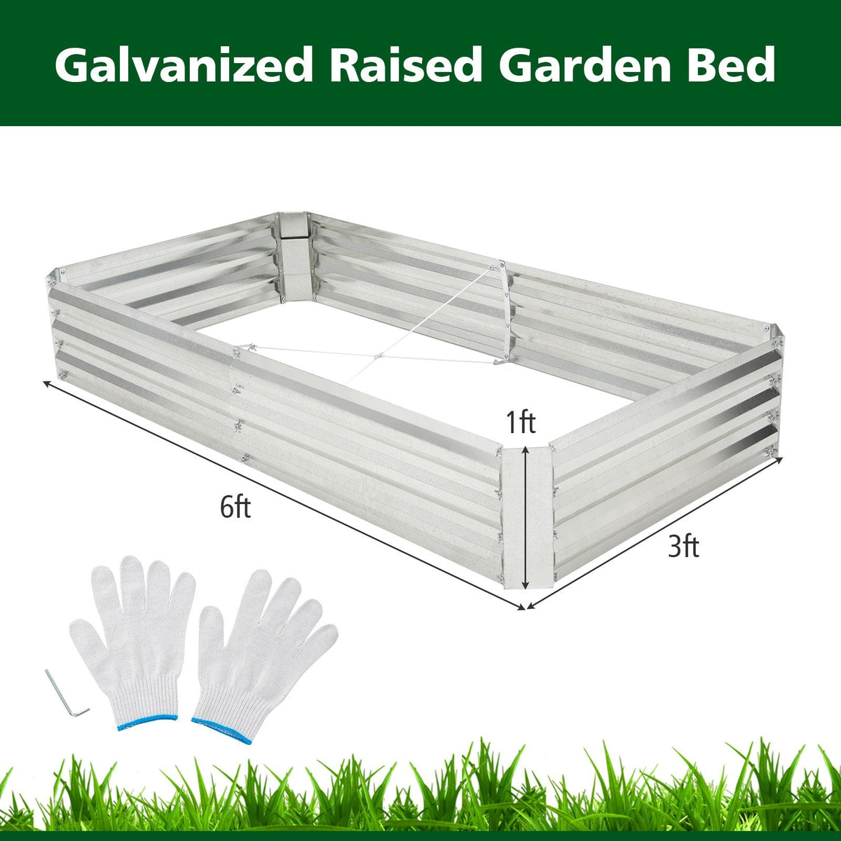 Cama de jardín elevada de metal galvanizado con base abierta, 6 × 3 pies