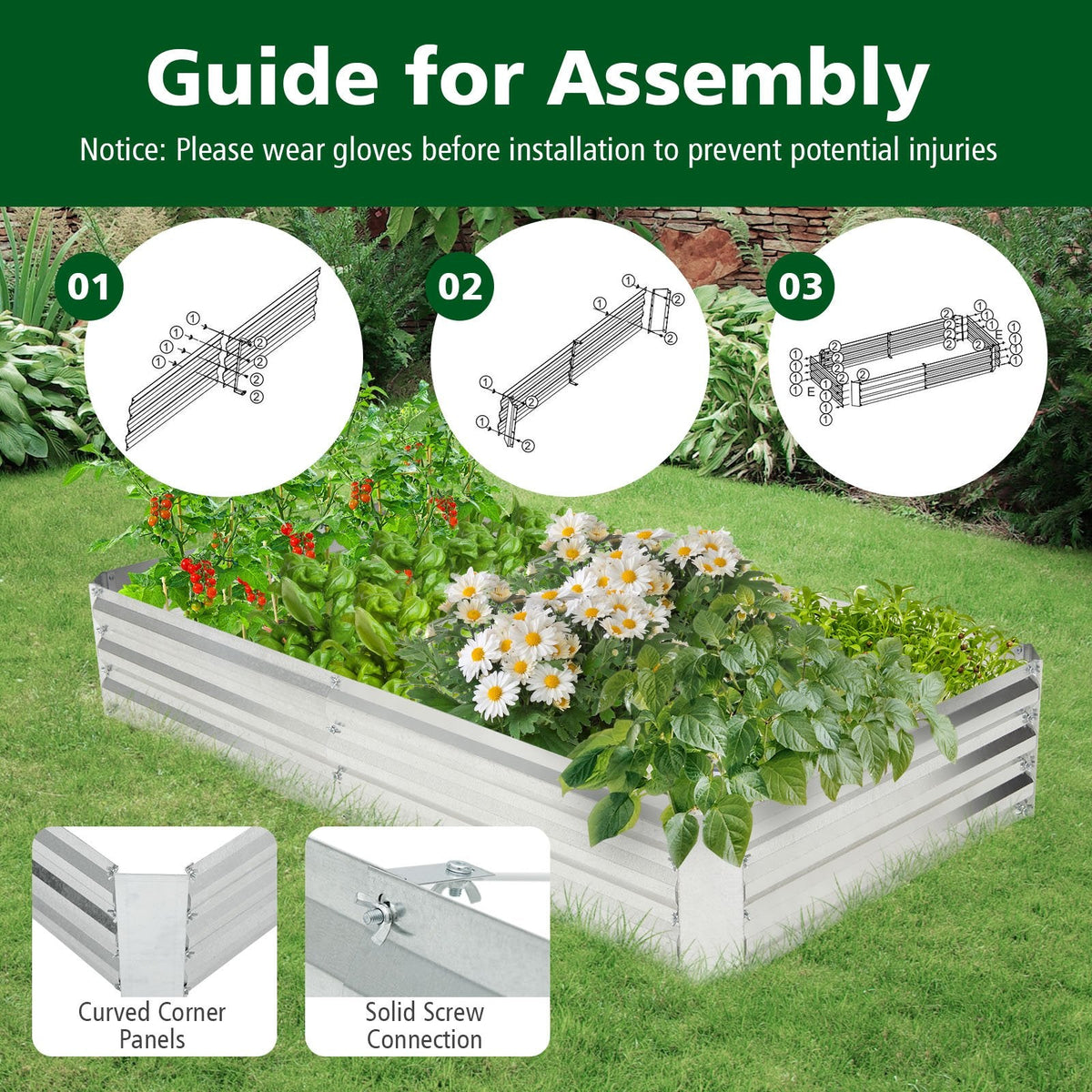 Cama de jardín elevada de metal galvanizado con base abierta, 6 × 3 pies