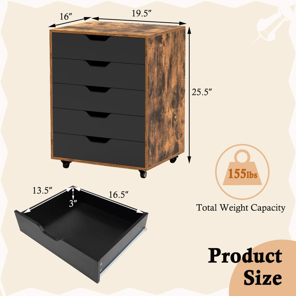 Mobiler Aktenschrank mit 5 Schubladen für das Home Office, Rollcontainer – Rustikales Braun