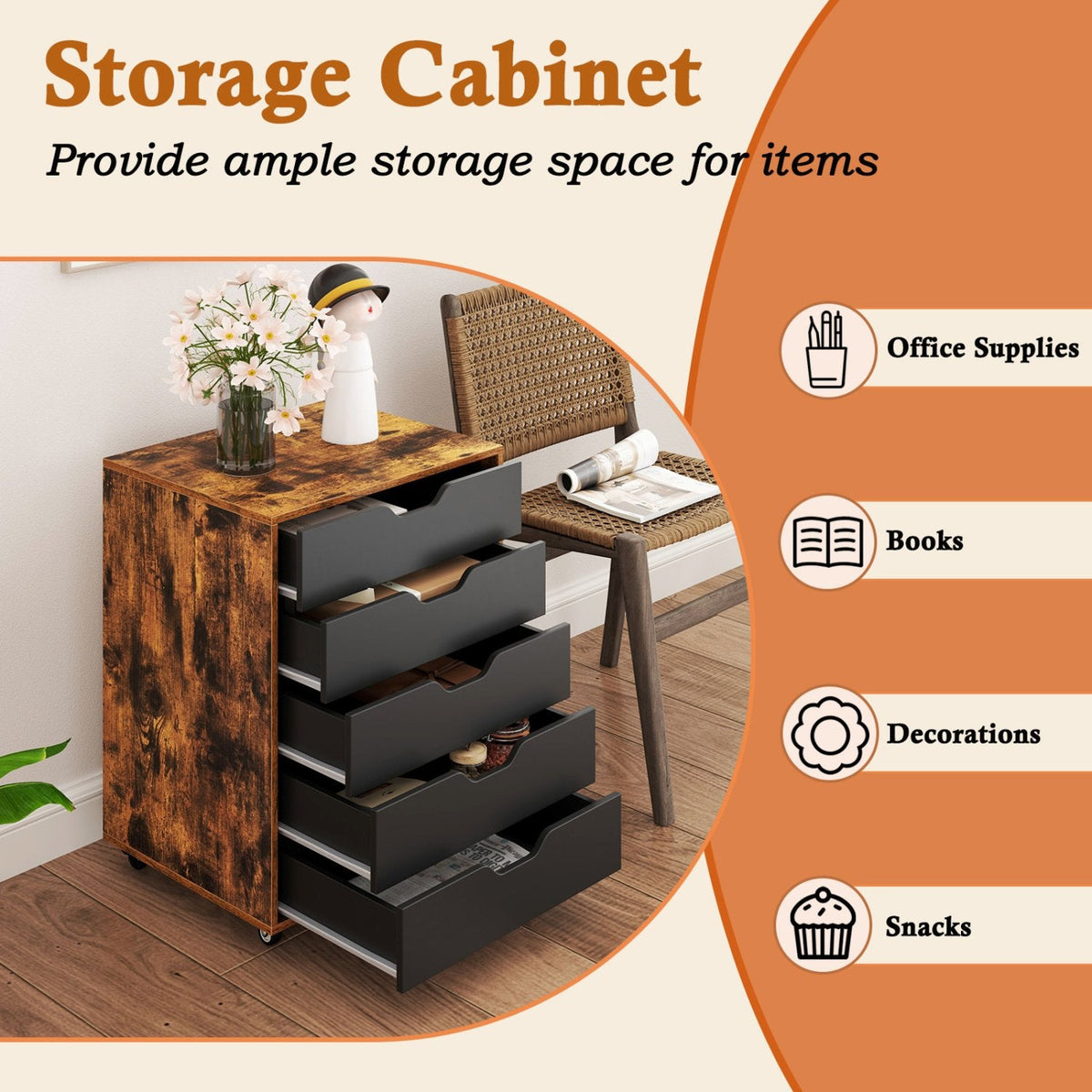 Mobiler Aktenschrank mit 5 Schubladen für das Home Office, Rollcontainer – Rustikales Braun