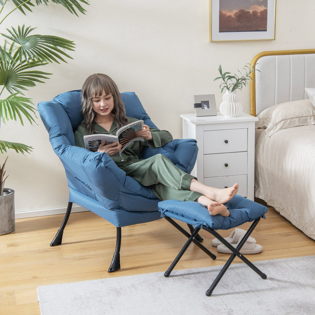 Modern Accent Sofa Chair with Folding Footrest and Side Pocket-Navy