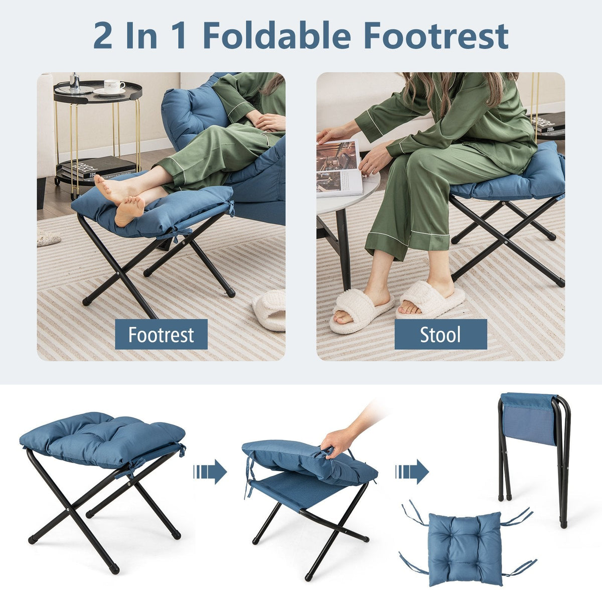Modern Accent Sofa Chair with Folding Footrest and Side Pocket-Navy