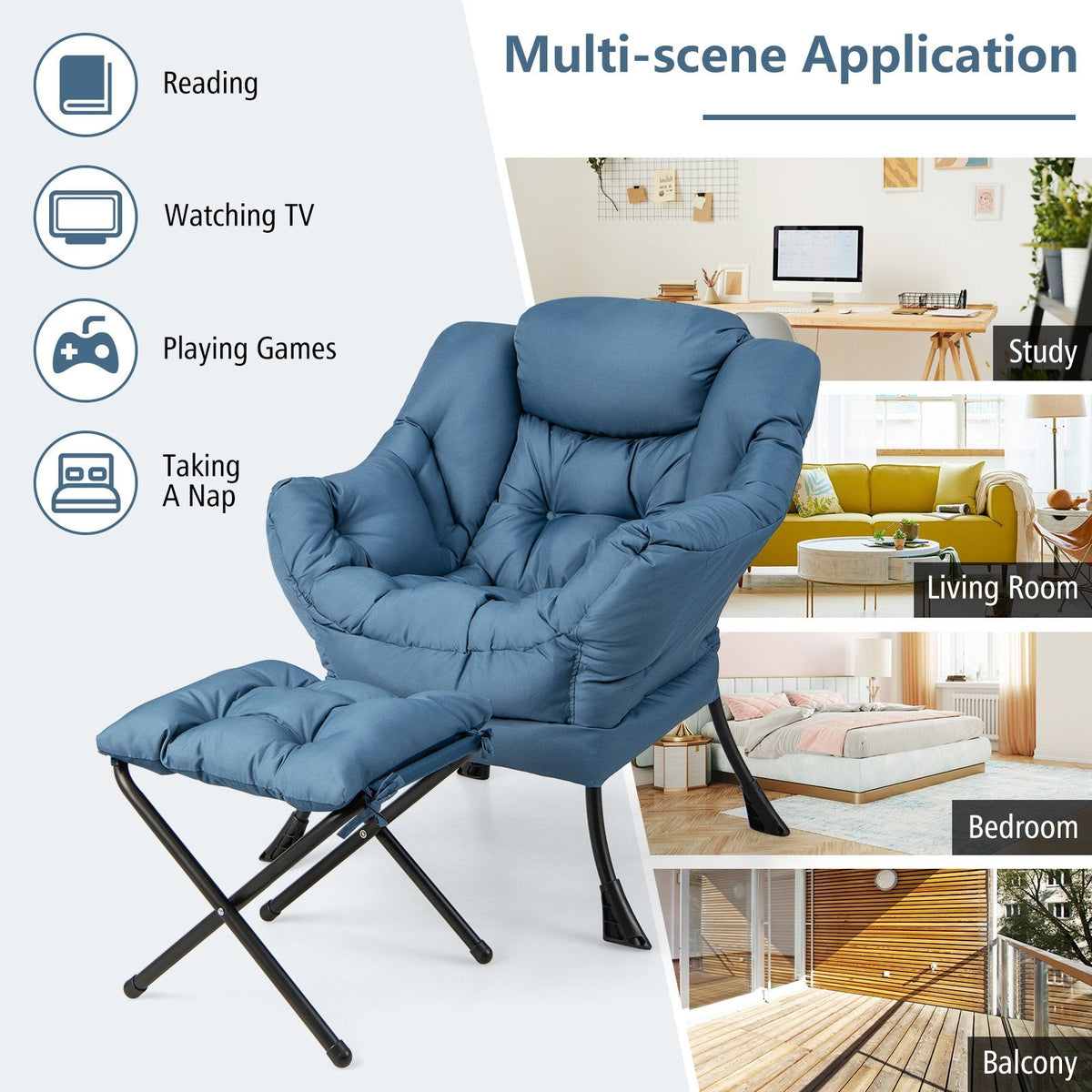 Modern Accent Sofa Chair with Folding Footrest and Side Pocket-Navy