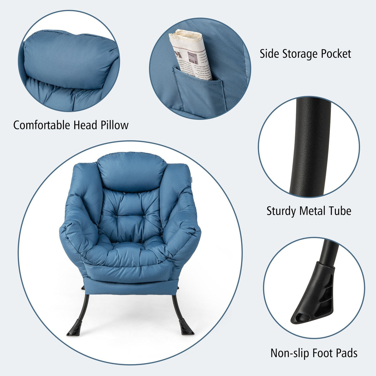 Modern Accent Sofa Chair with Folding Footrest and Side Pocket-Navy