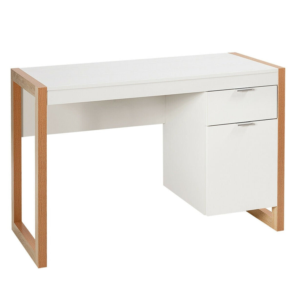 Bureau d'ordinateur moderne Table d'étude Poste de travail avec armoire et tiroir-Blanc