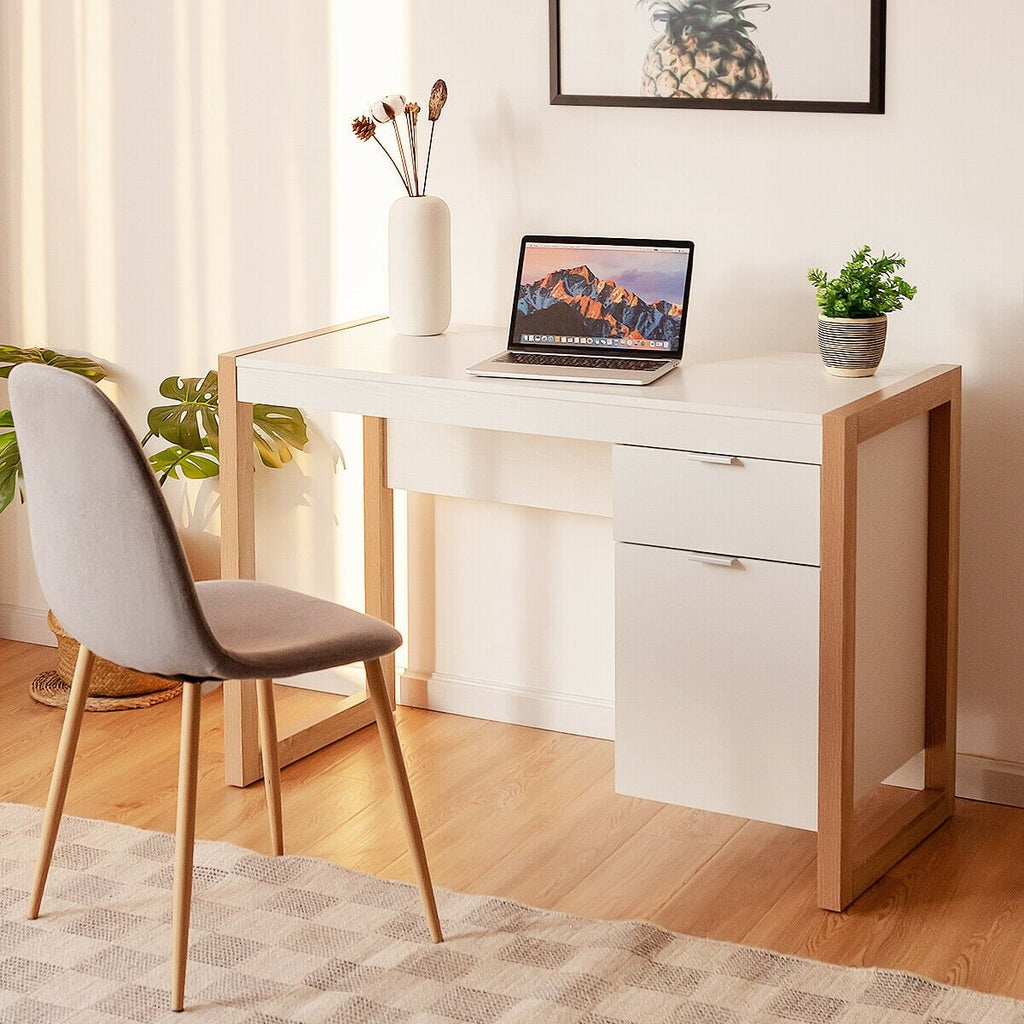 Bureau d'ordinateur moderne Table d'étude Poste de travail avec armoire et tiroir-Blanc