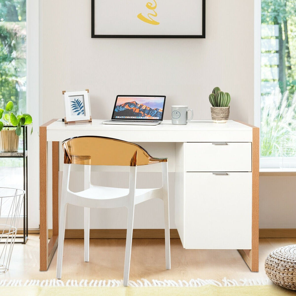 Bureau d'ordinateur moderne Table d'étude Poste de travail avec armoire et tiroir-Blanc