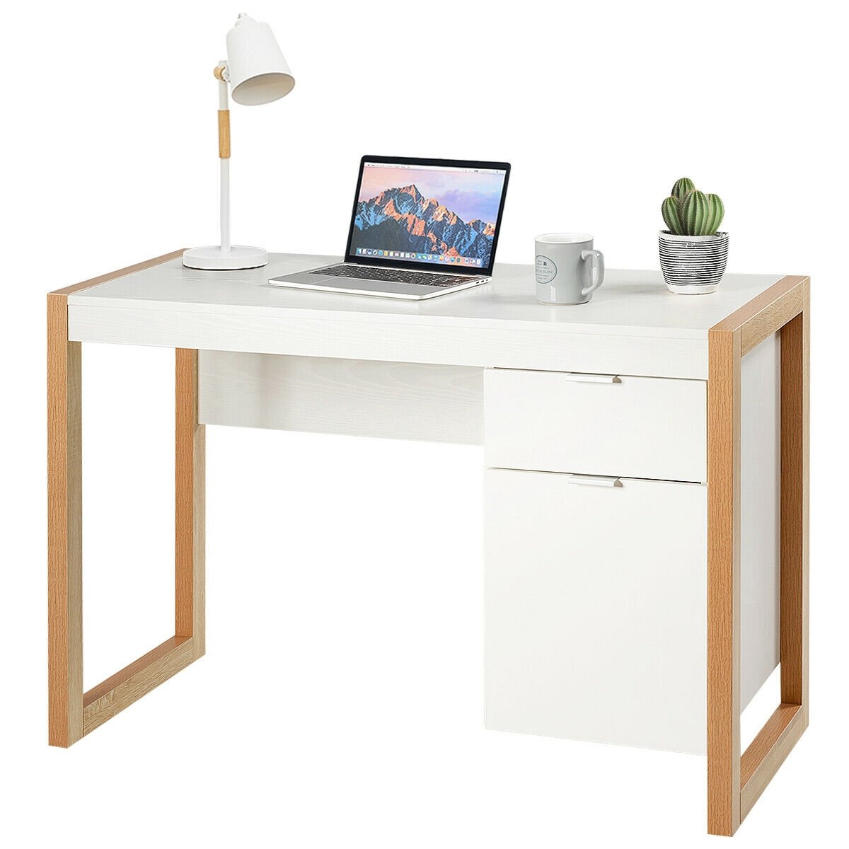 Bureau d'ordinateur moderne Table d'étude Poste de travail avec armoire et tiroir-Blanc