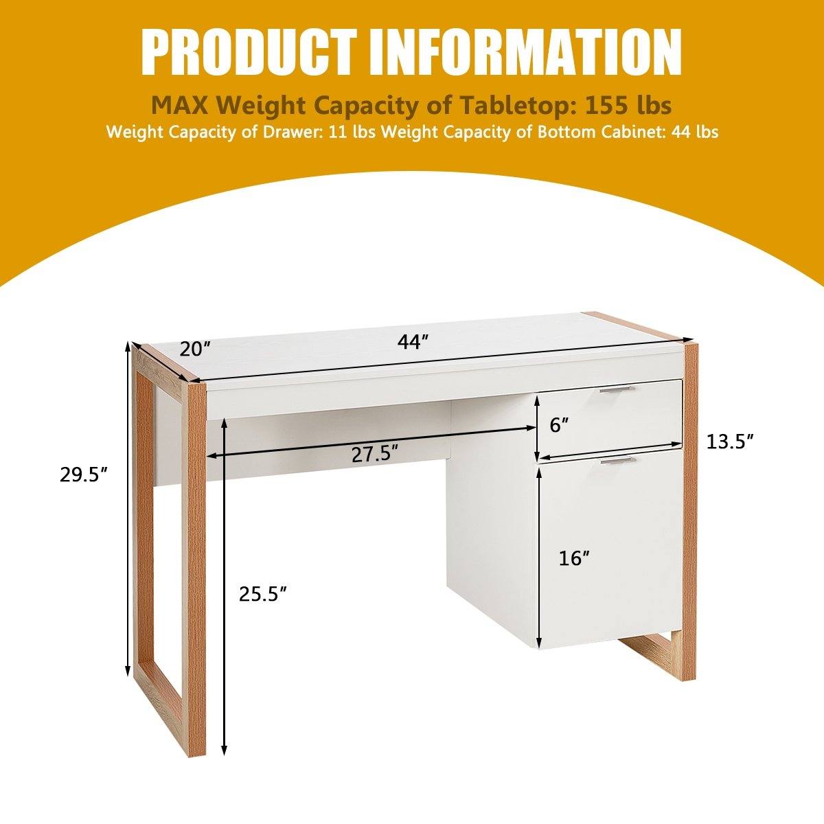 Bureau d'ordinateur moderne Table d'étude Poste de travail avec armoire et tiroir-Blanc