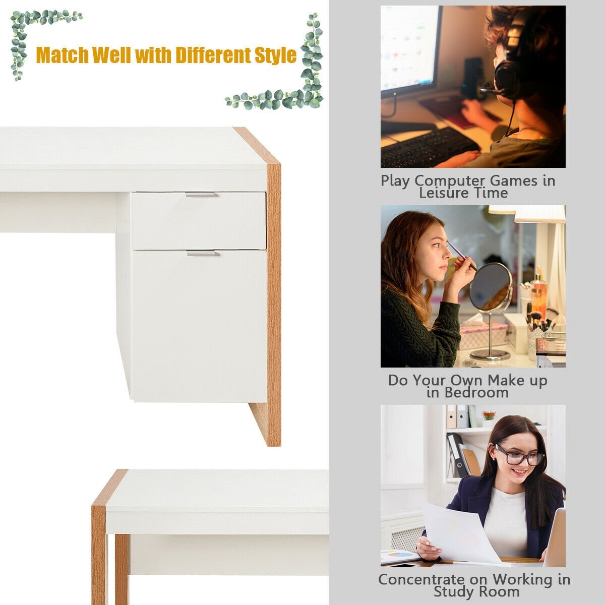 Bureau d'ordinateur moderne Table d'étude Poste de travail avec armoire et tiroir-Blanc