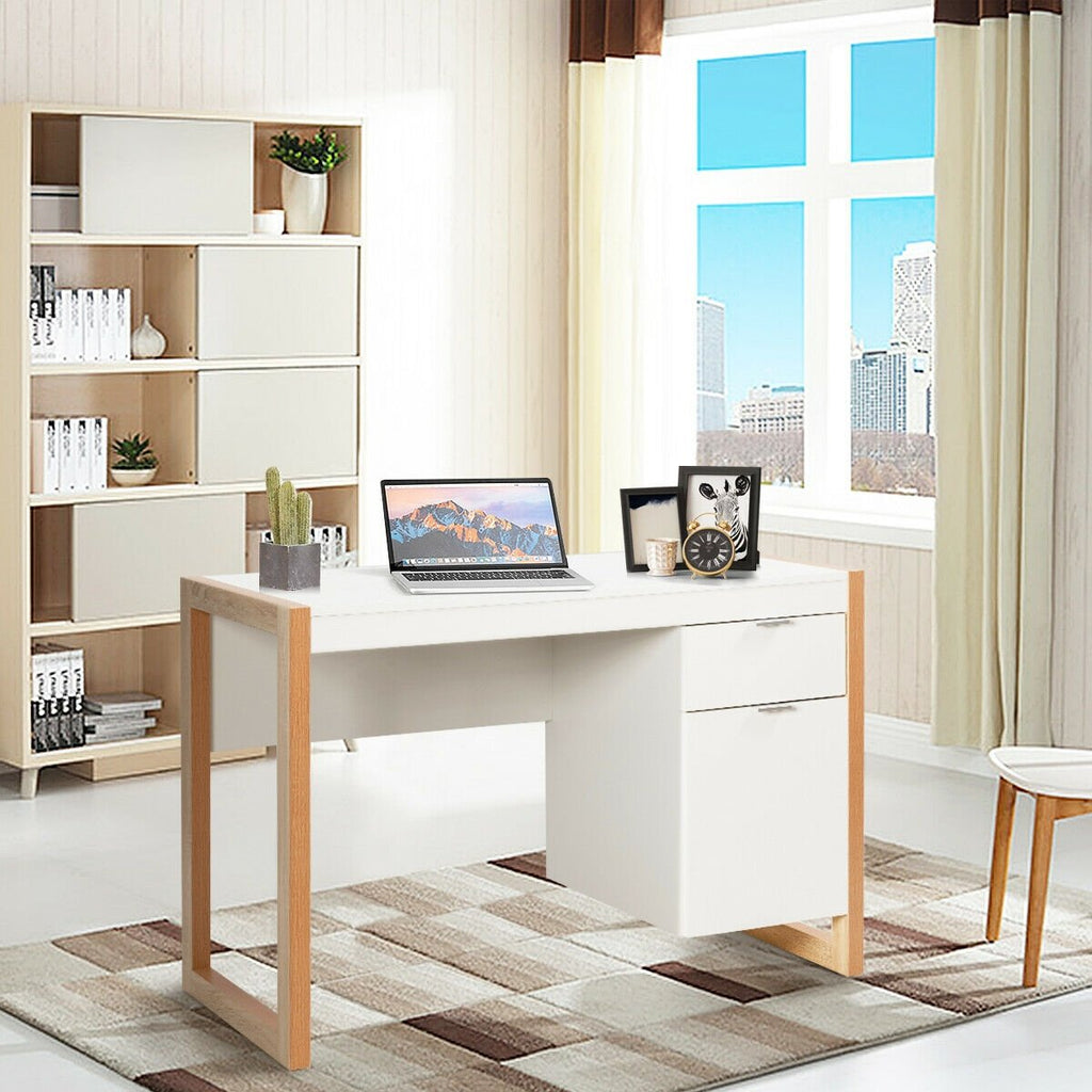 Bureau d'ordinateur moderne Table d'étude Poste de travail avec armoire et tiroir-Blanc